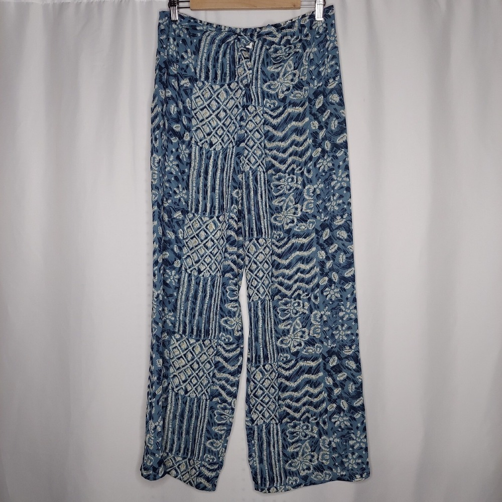 Moda Int'l Gauze Pants Women Small Blue Patchwork Tie Waist Resort Beach Y2K
